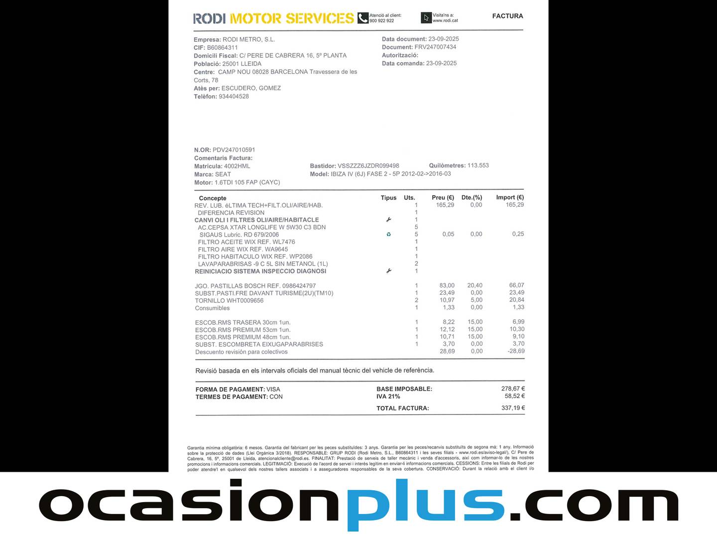 Foto del certificado del Seat Ibiza Seat Ibiza 1.6 TDI CR FR (105 CV)
