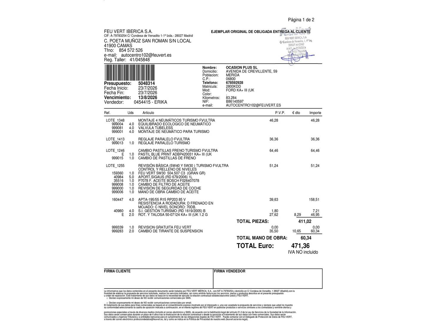 Foto del mantenimiento del Ford Ka+ Ford Ka+ 1.2 Ti-VCT Ultimate (85 CV)