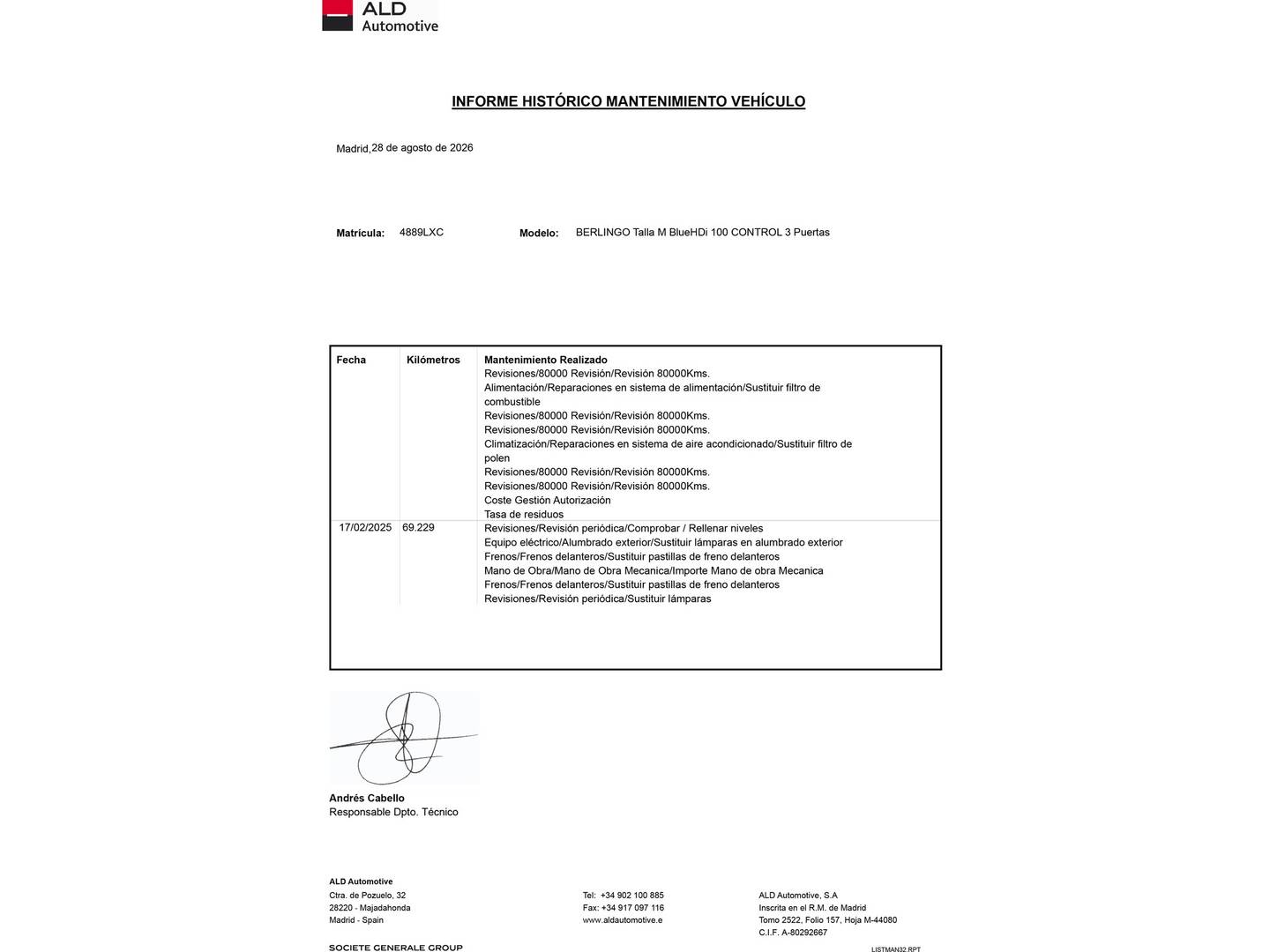 Foto del mantenimiento del Citroën Berlingo Citroën Berlingo Furgon BlueHDi 100 Talla M Control (102 CV)