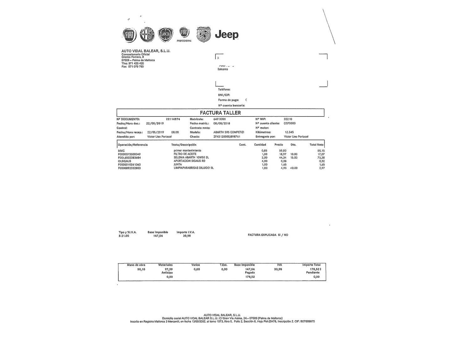 Foto del mantenimiento del Abarth 500 Abarth 500 1.4 16v T-Jet 595 Competizione (180 CV)