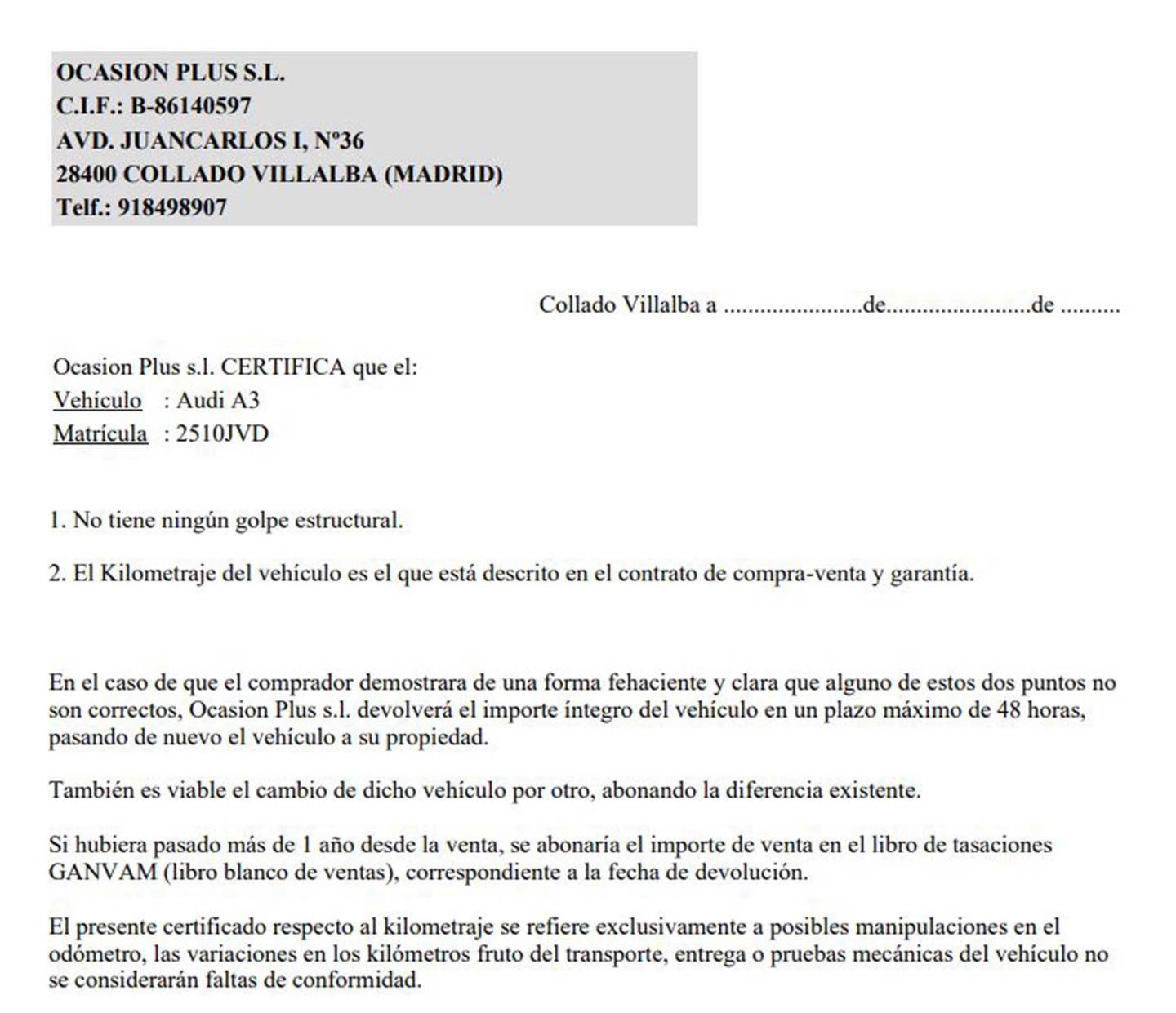 Foto del certificado del Audi A3 Audi A3 Sportback 1.6 TDI (110 CV)