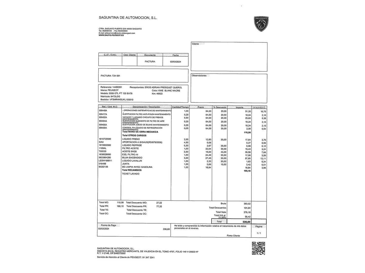 Foto del mantenimiento del Peugeot 5008 Peugeot 5008 PureTech 130 GT Line EAT8 (130 CV) 7 PLAZAS