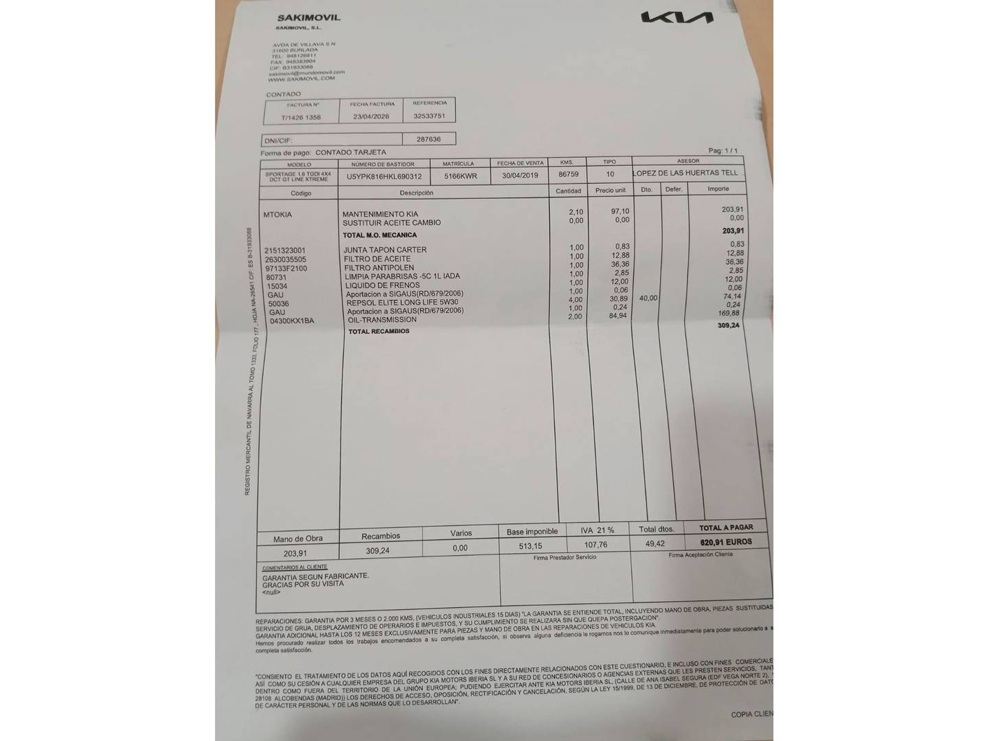 Foto del mantenimiento del KIA Sportage KIA Sportage 1.6 T-GDi GT Line Xtreme 4x2 (177 CV)