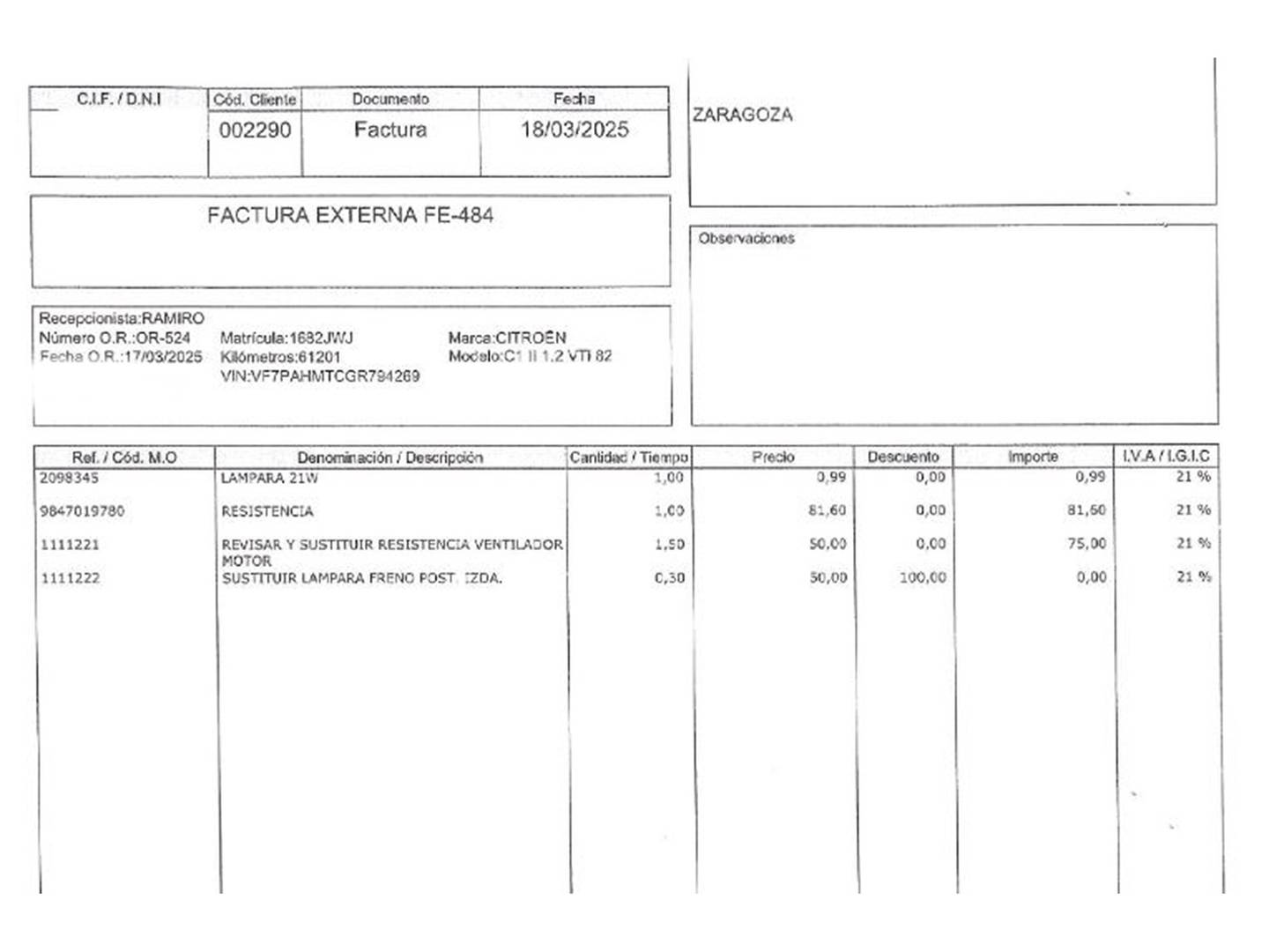 Foto del mantenimiento del Citroën C1 Citroen C1 PureTech 82 Feel Edition (82 CV)