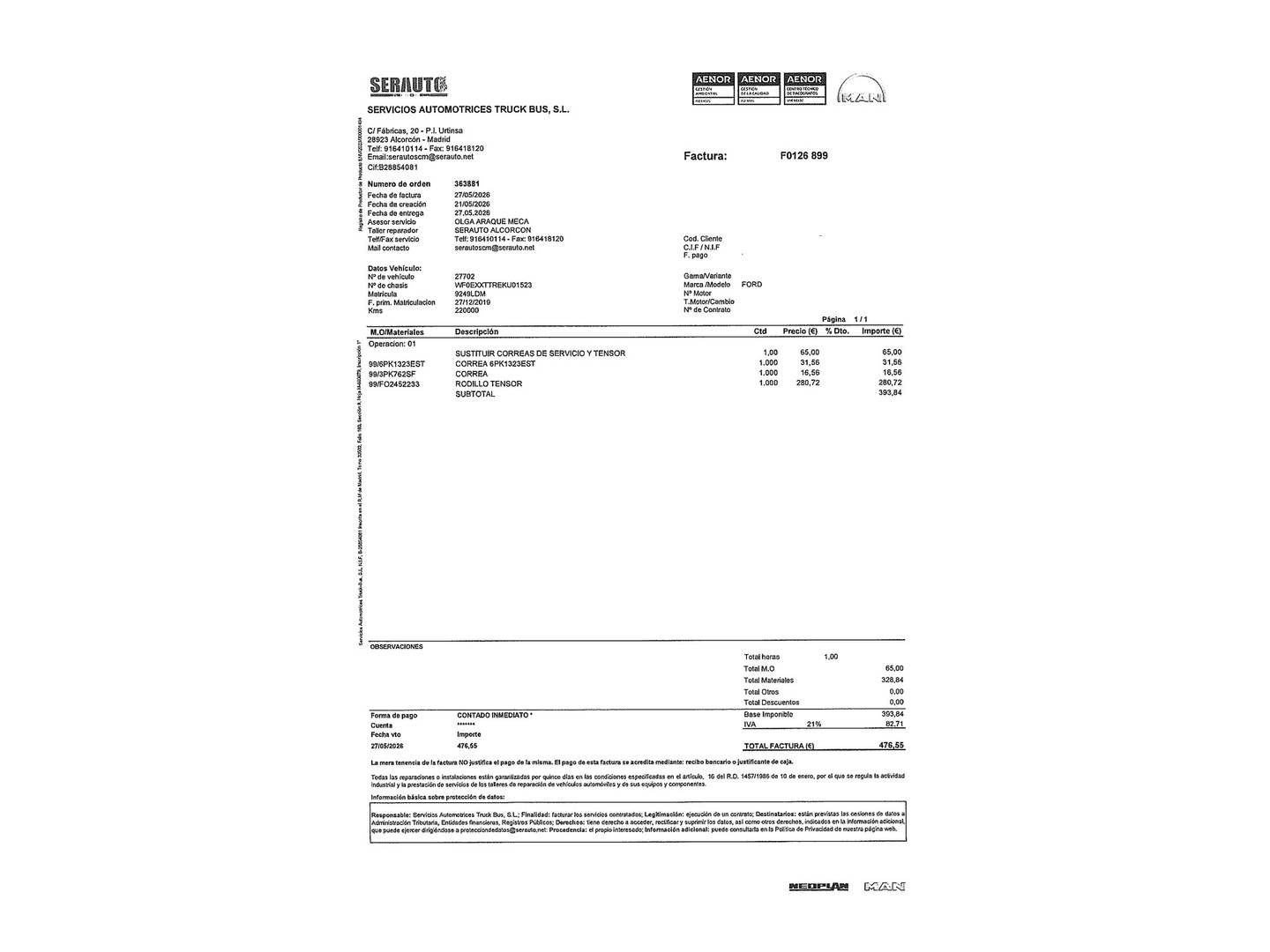 Foto del mantenimiento del Ford Transit Ford Transit Furgon 350 MHEV L3H2 Trend Delantera (130 CV)