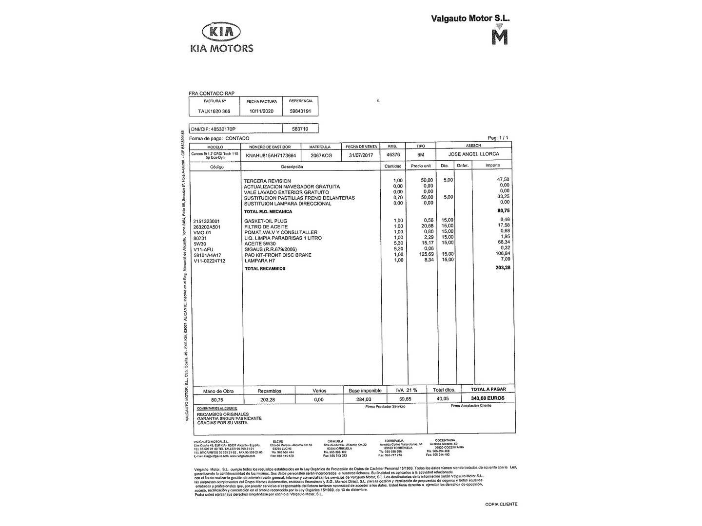 Foto del mantenimiento del KIA Carens KIA Carens 1.7 CRDi VGT Eco-Dynam x-Tech (115 CV)