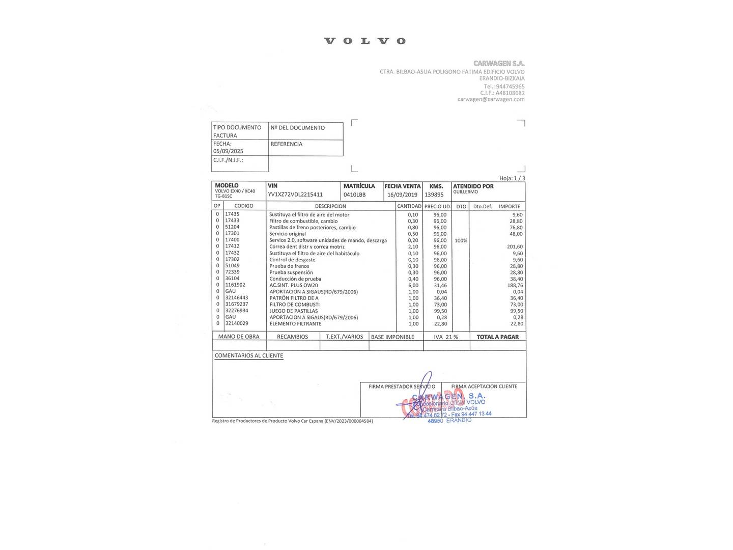 Foto del mantenimiento del Volvo XC40 Volvo XC40 D3 Business Plus Auto (150 CV)