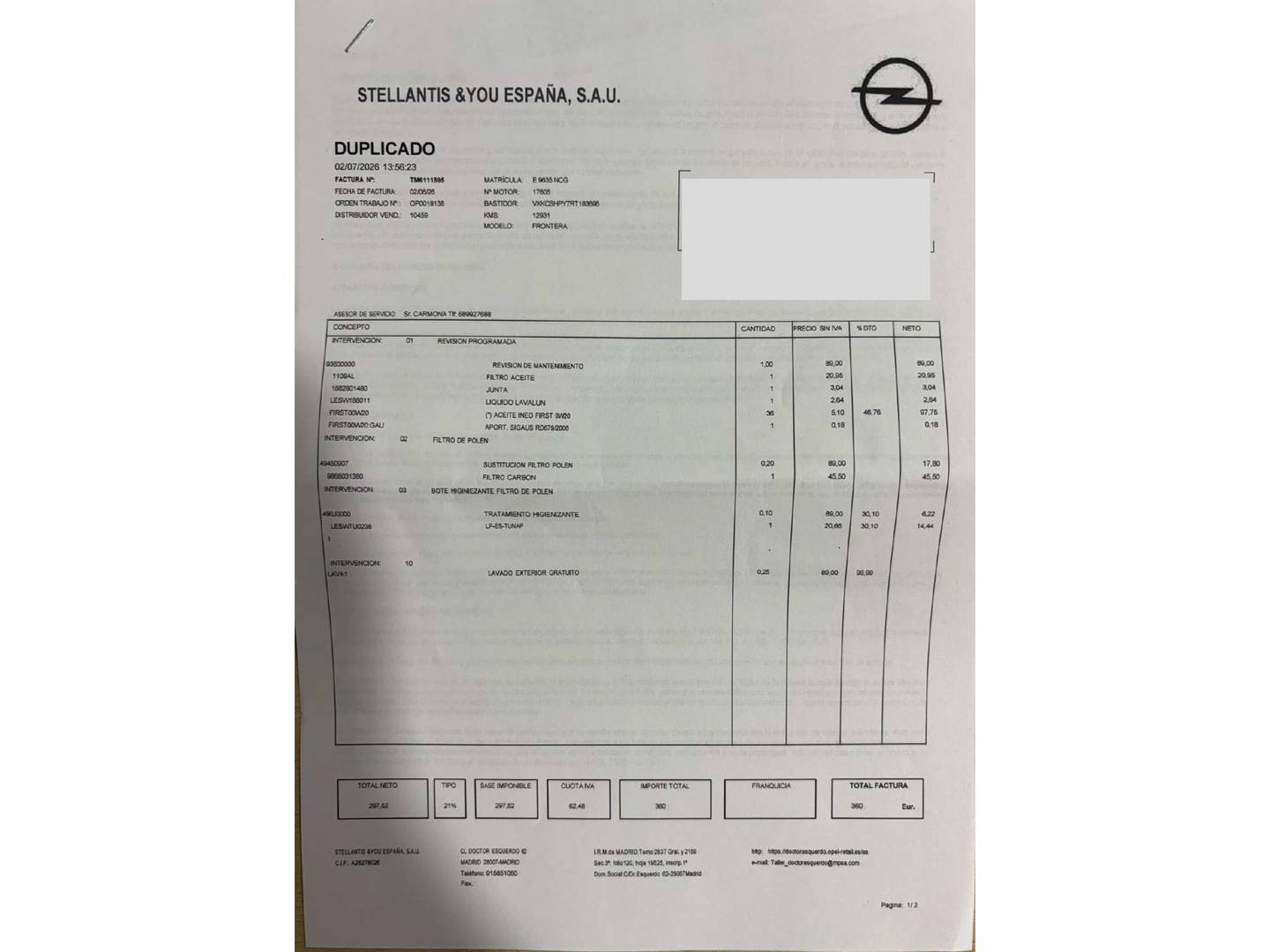 Foto del mantenimiento del Opel Frontera Opel Frontera 1.2T XHT Hybrid eDCT6 GS (146 CV)