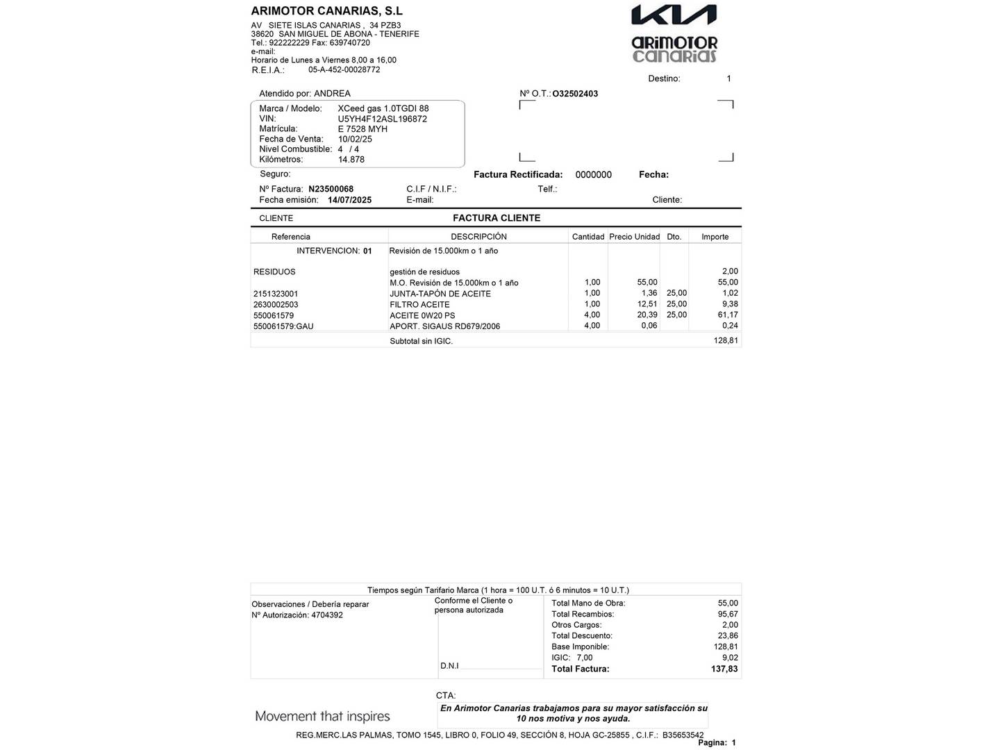 Foto del mantenimiento del KIA XCeed KIA XCeed 1.0 T-GDi Drive (100 CV)