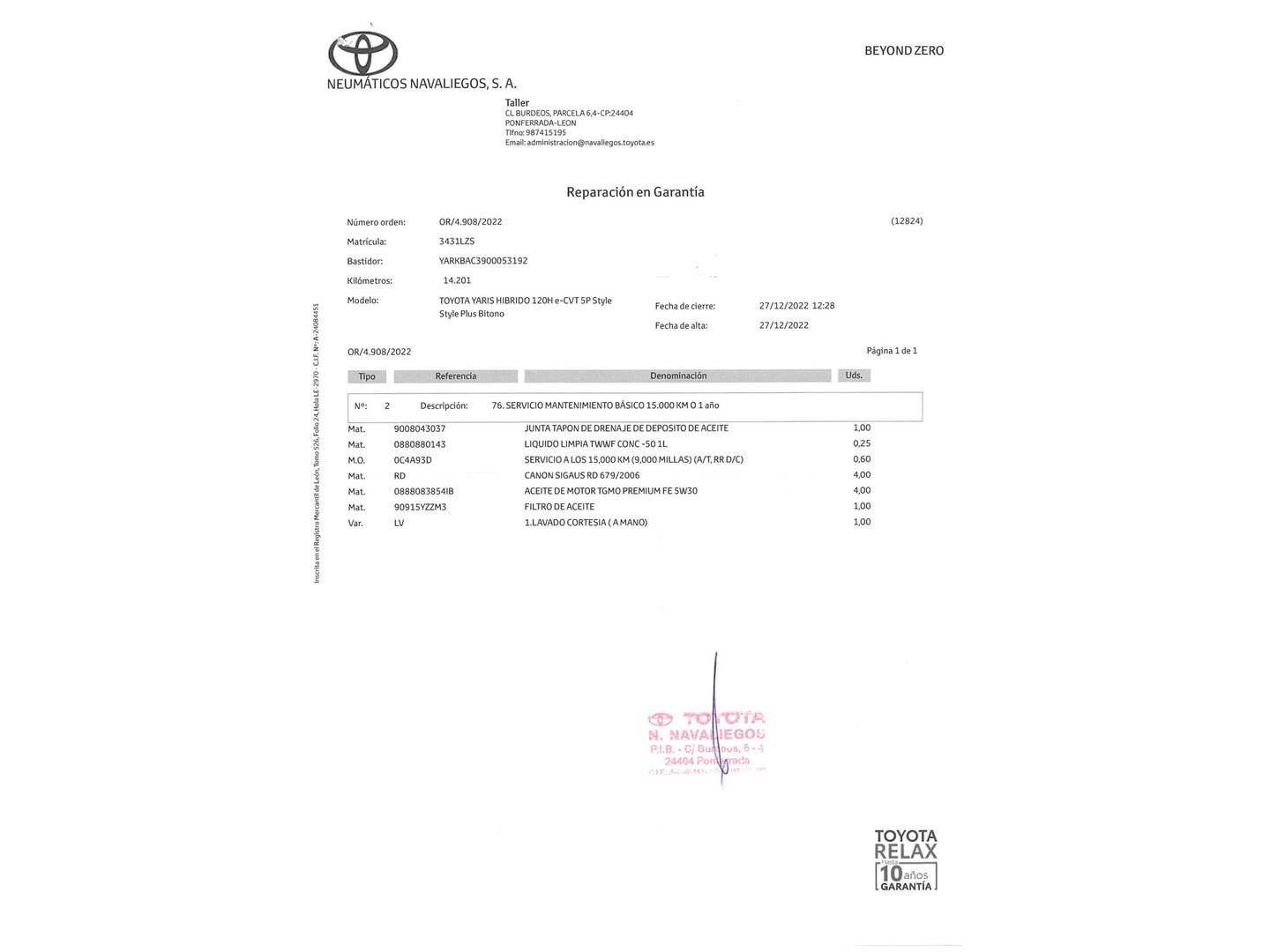 Foto del mantenimiento del Toyota Yaris Toyota Yaris 1.5 120H Style Plus (116 CV)