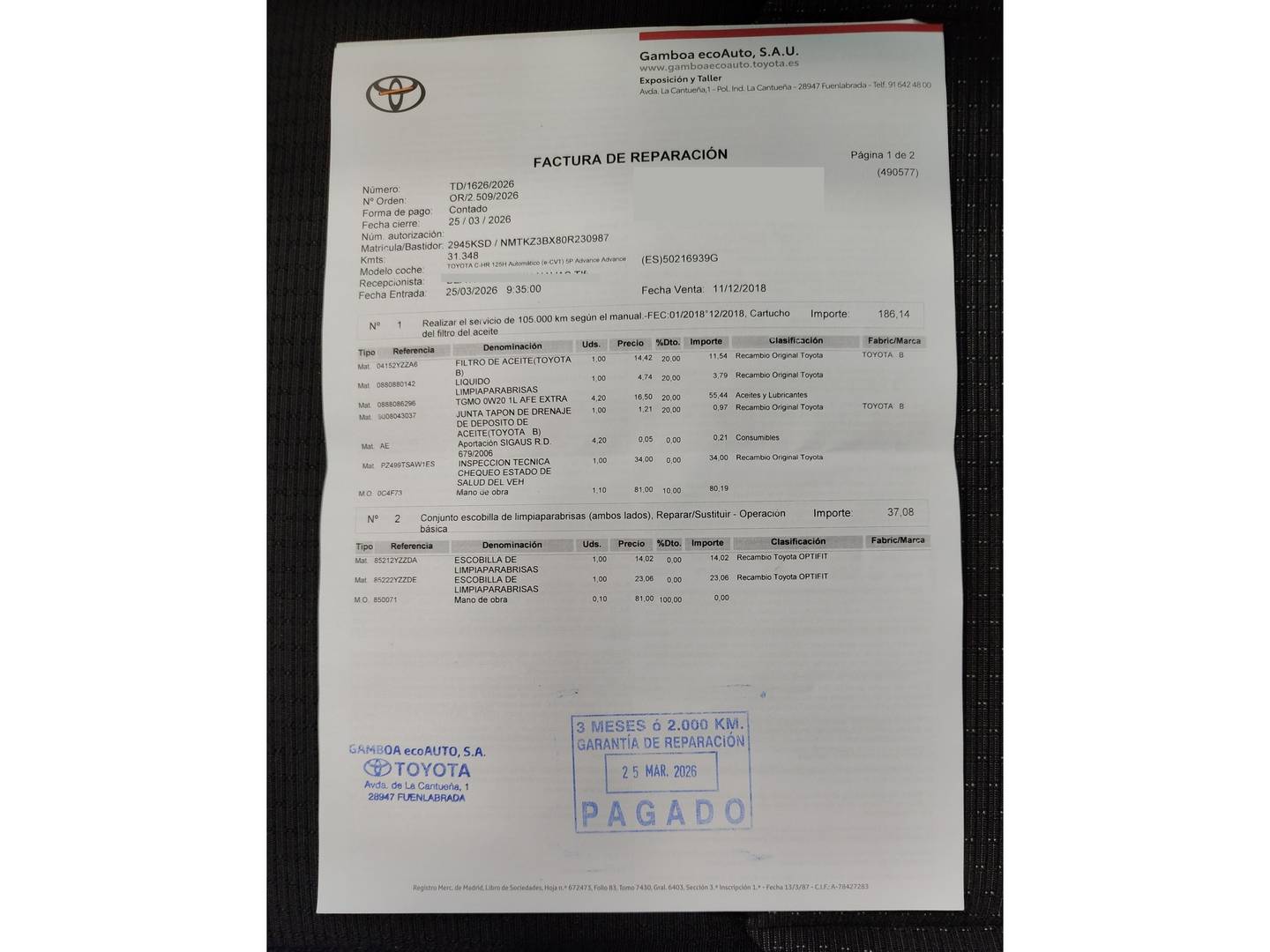 Foto del mantenimiento del Toyota C-HR Toyota C-HR 1.8 125H Advance (122 CV)