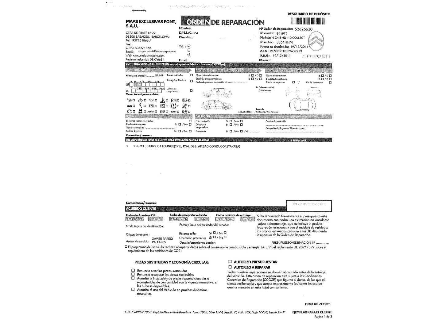 Foto del mantenimiento del Citroën C4 Citroën C4 1.6 e-HDI Collection CMP (112 CV)
