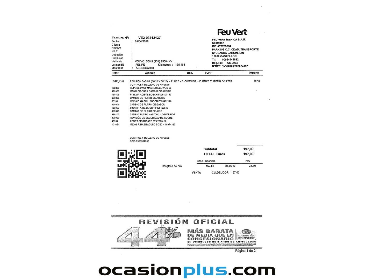 Foto del mantenimiento del Volvo S60 Volvo S60 D2 Momentum (120 CV)