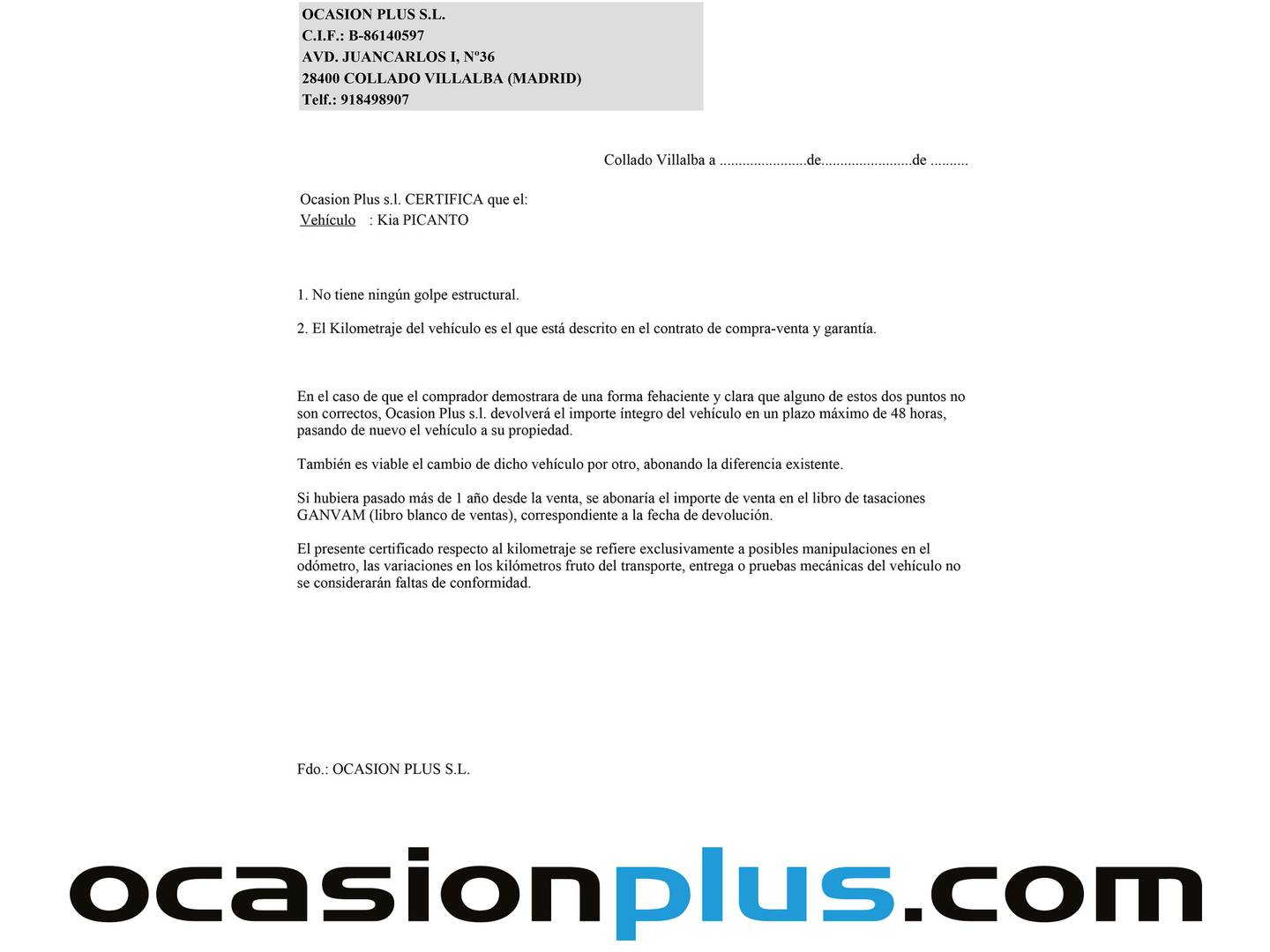 Foto del certificado del KIA Picanto KIA Picanto 1.0 DPi Concept Pack Comfort (67 CV)