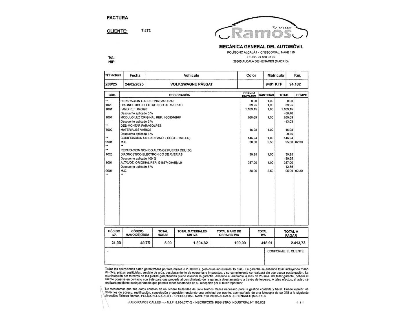 Foto del mantenimiento del Volkswagen Passat Volkswagen Passat Variant Advance 1.6 TDI (120 CV)