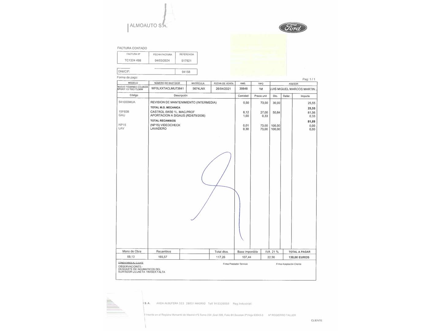Foto del mantenimiento del Ford Tourneo Courier Ford Tourneo Courier 1.5 TDCi Sport (100 CV)
