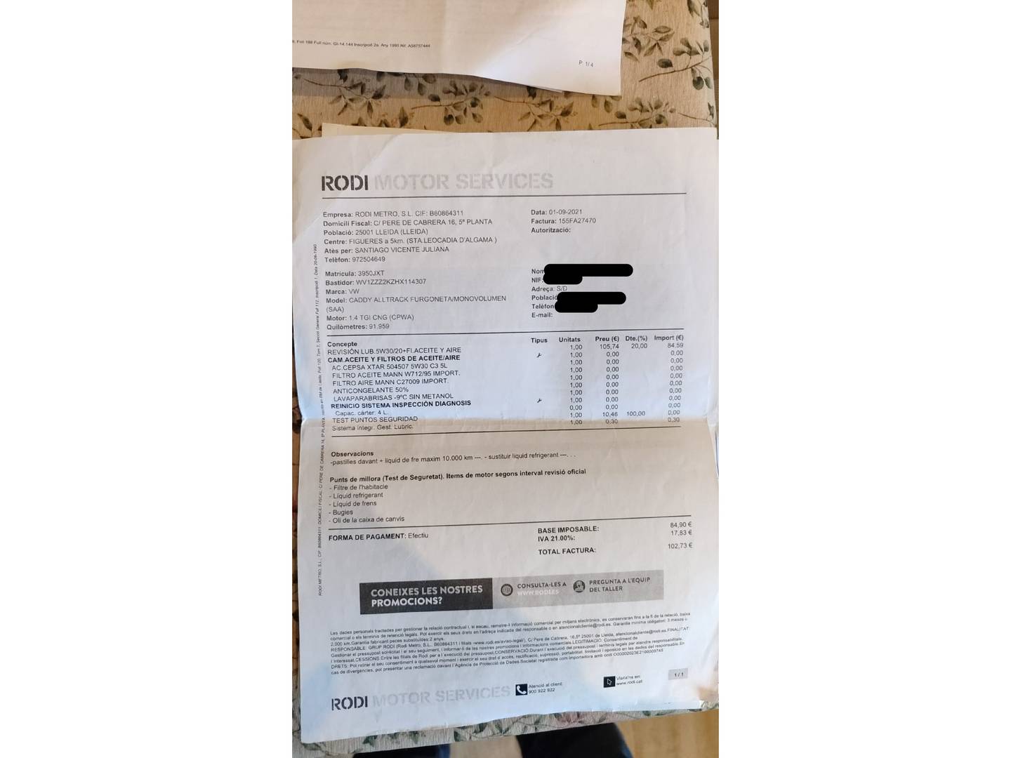 Foto del mantenimiento del Volkswagen Caddy Volkswagen Caddy GNC Furgon 1.4 TGI GNC (110 CV)