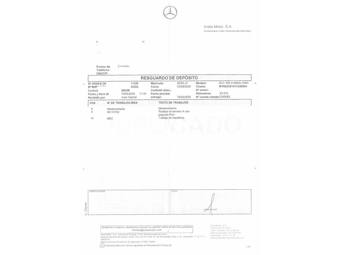 Foto del mantenimiento del Mercedes Clase GLC Mercedes GLC d 4Matic (245 CV)