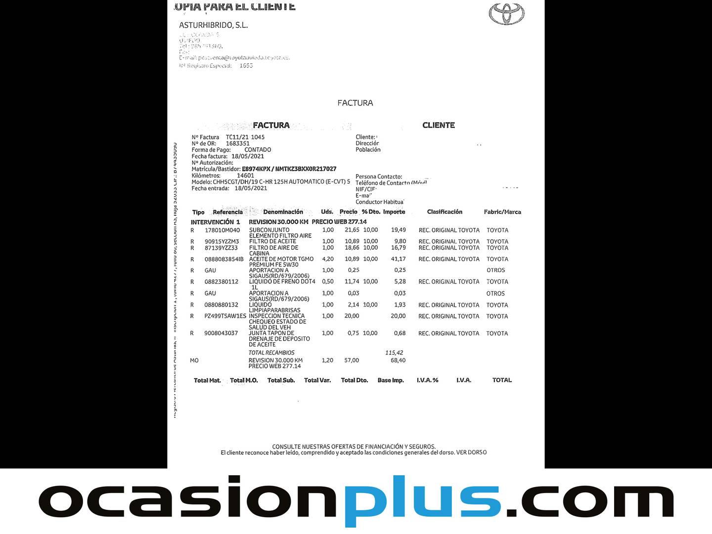 Foto del mantenimiento del Toyota C-HR Toyota C-HR 1.8 125H Advance (122 CV)