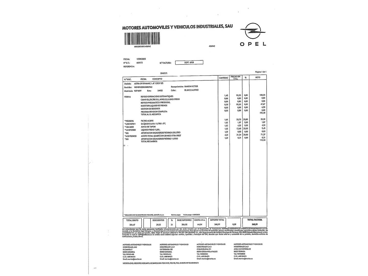 Foto del mantenimiento del Opel Astra Opel Astra 1.4 Turbo S&S Dynamic (125 CV)