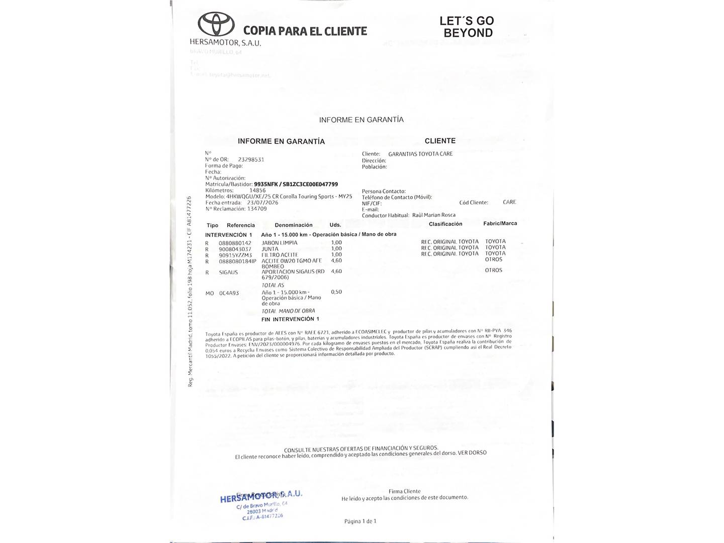 Foto del mantenimiento del Toyota Corolla Toyota Corolla Touring Sports 200H Style (196 CV)