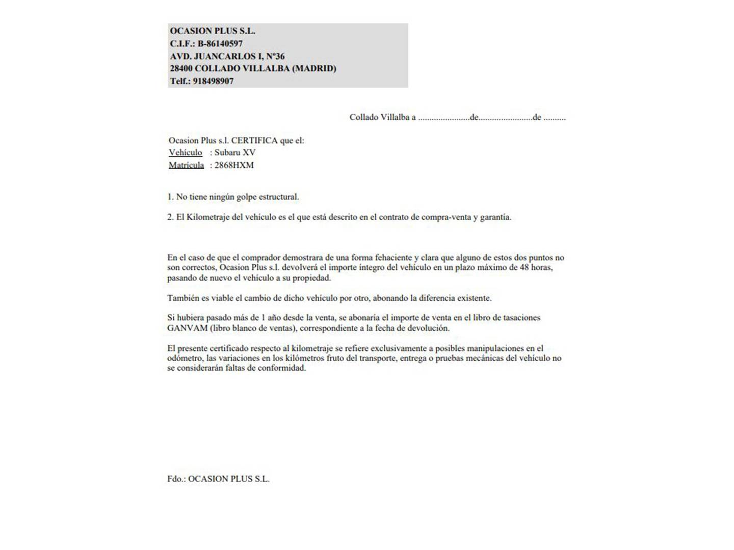 Foto del certificado del Subaru XV Subaru XV 1.6 Executive (114 CV) 4x4