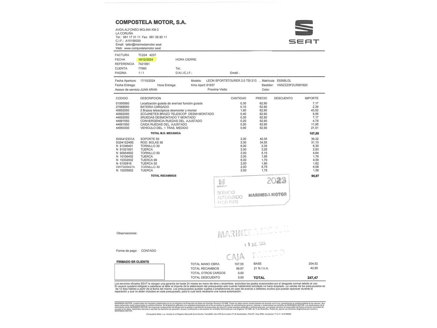 Foto del mantenimiento del Seat León Seat León ST 2.0 TSI S&S Cupra DSG (290 CV)