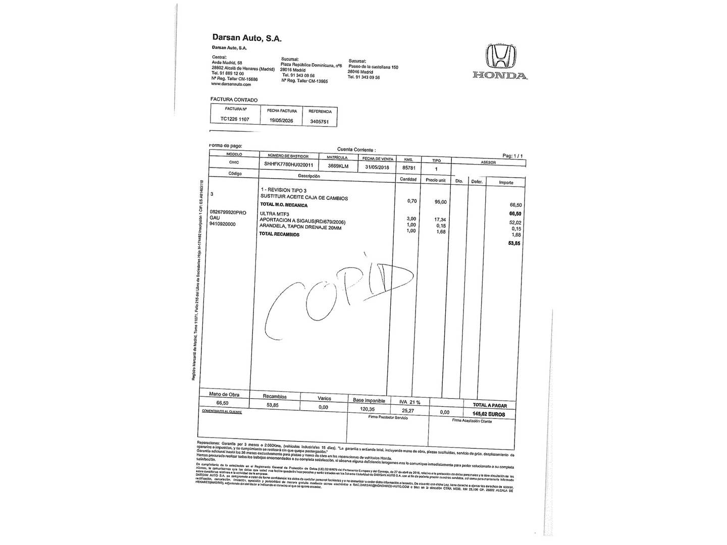 Foto del mantenimiento del Honda Civic Honda Civic 1.5 VTEC Turbo Sport Plus (182 CV)