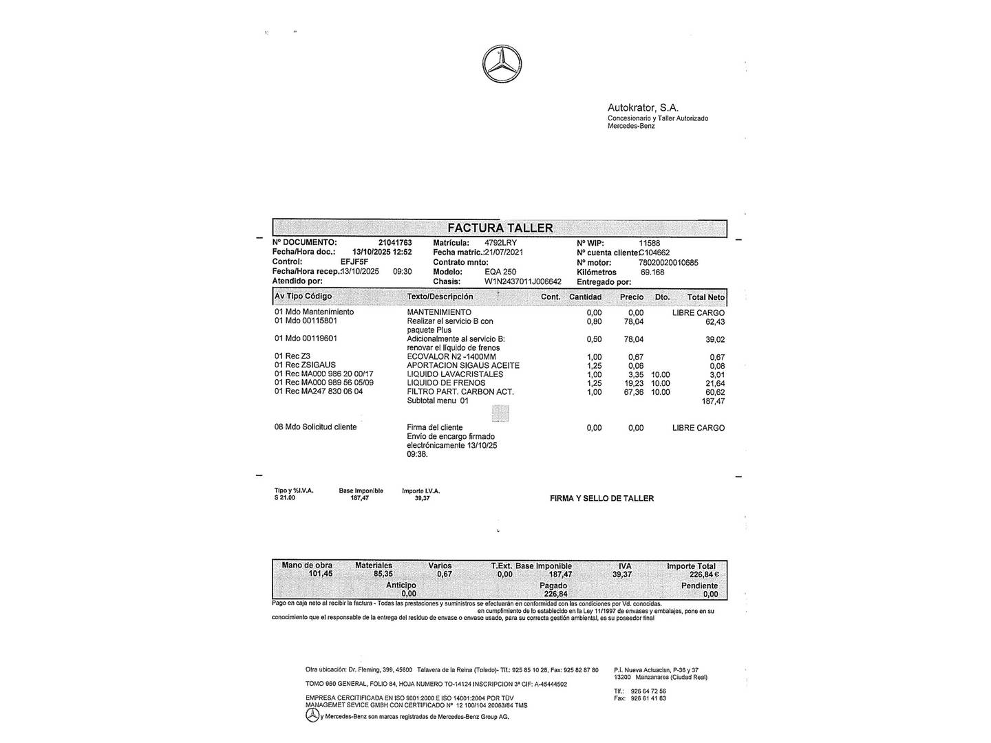 Foto del mantenimiento del Mercedes EQA Mercedes EQA 250 (190 CV) Pack AMG