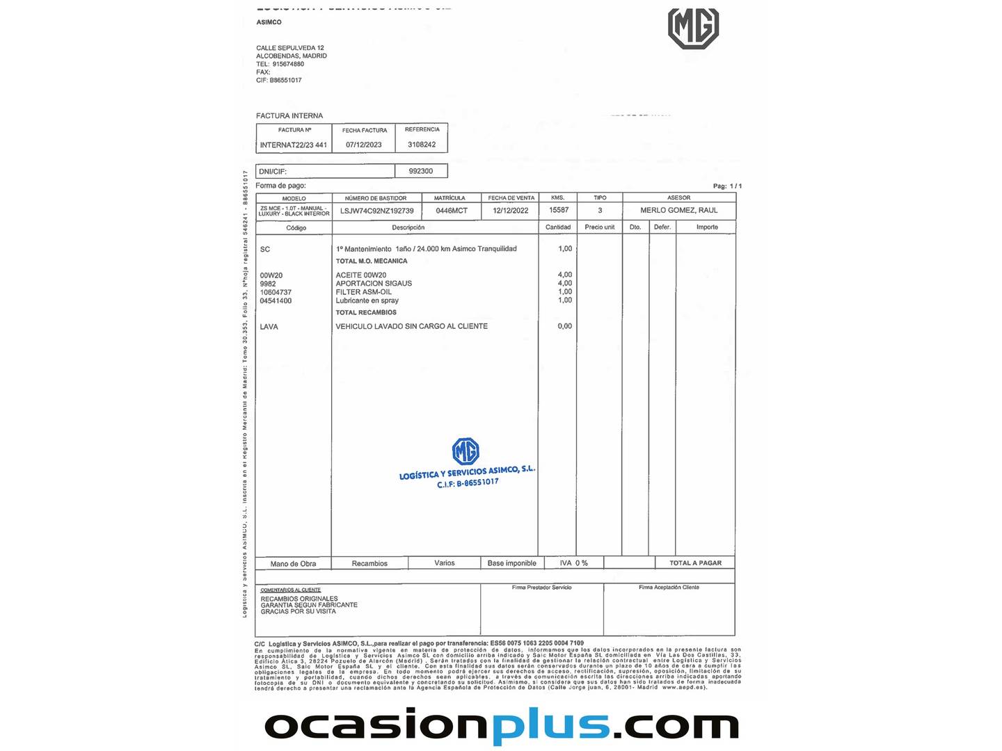 Foto del mantenimiento del MG ZS MG ZS 1.0T Luxury (111 CV)