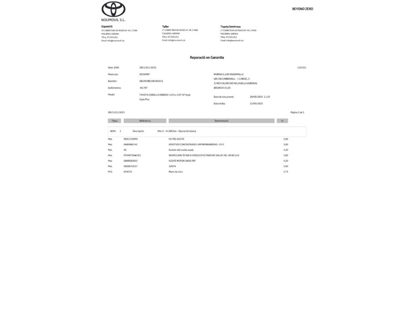 Foto del mantenimiento del Toyota Corolla Toyota Corolla 1.8 140H Style Plus (140 CV)