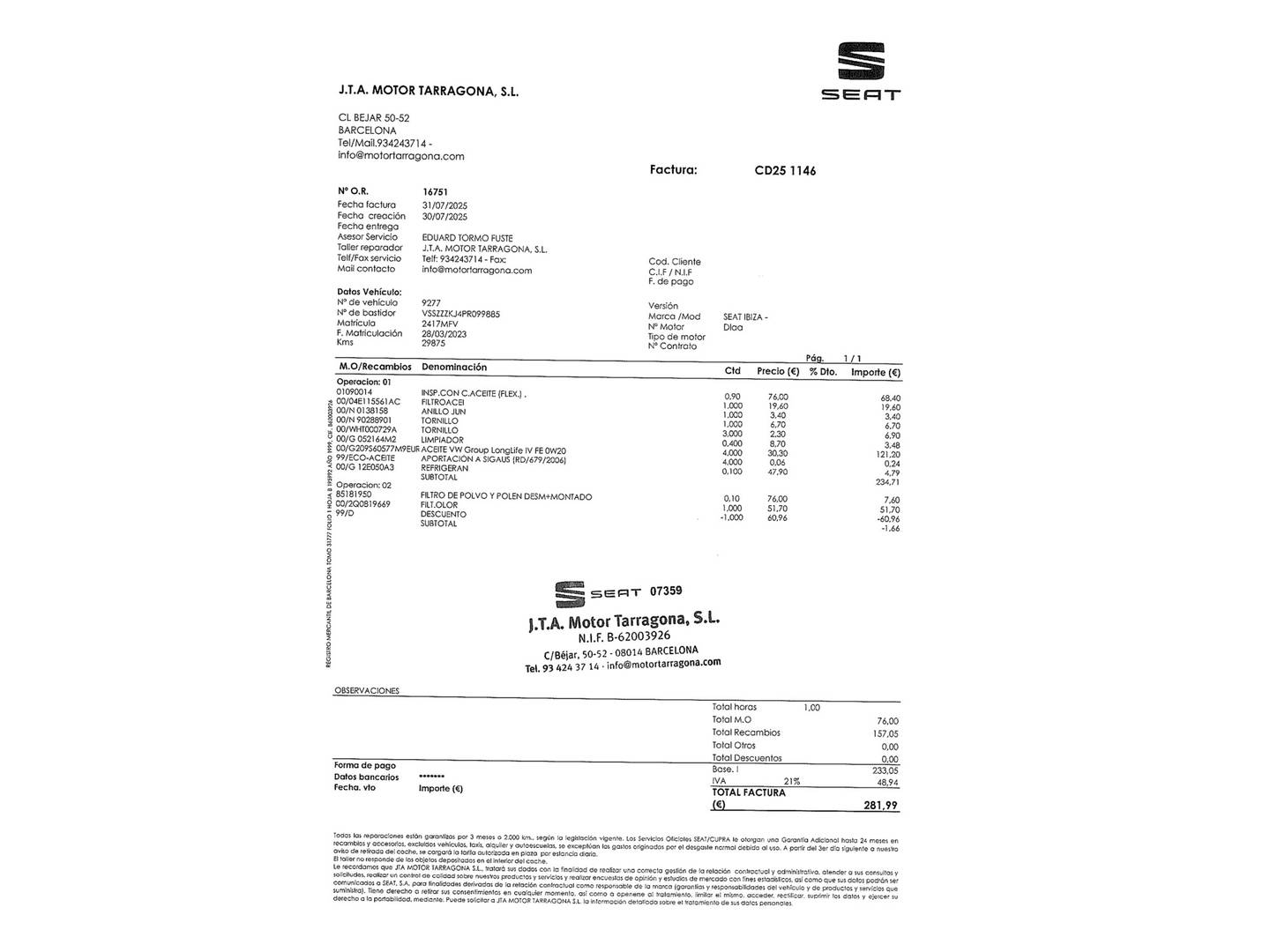 Foto del mantenimiento del Seat Ibiza Seat Ibiza 1.0 TSI FR (110 CV)