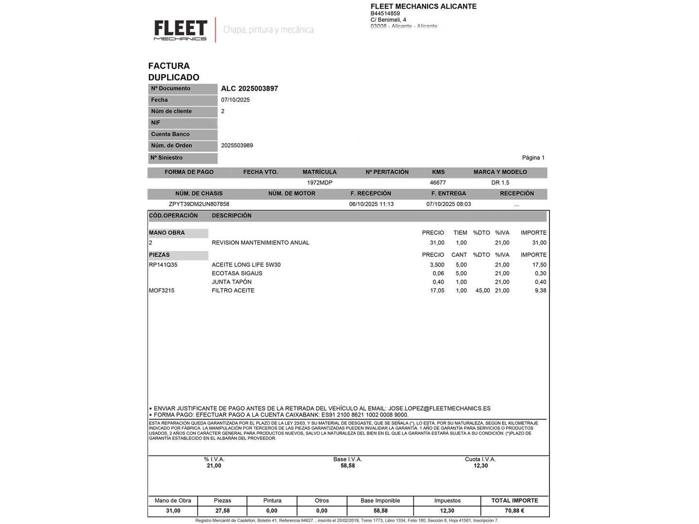 Foto del mantenimiento del DR AUTOMOBILES DR 4.0 DR AUTOMOBILES DR4 1.5 (116 CV)