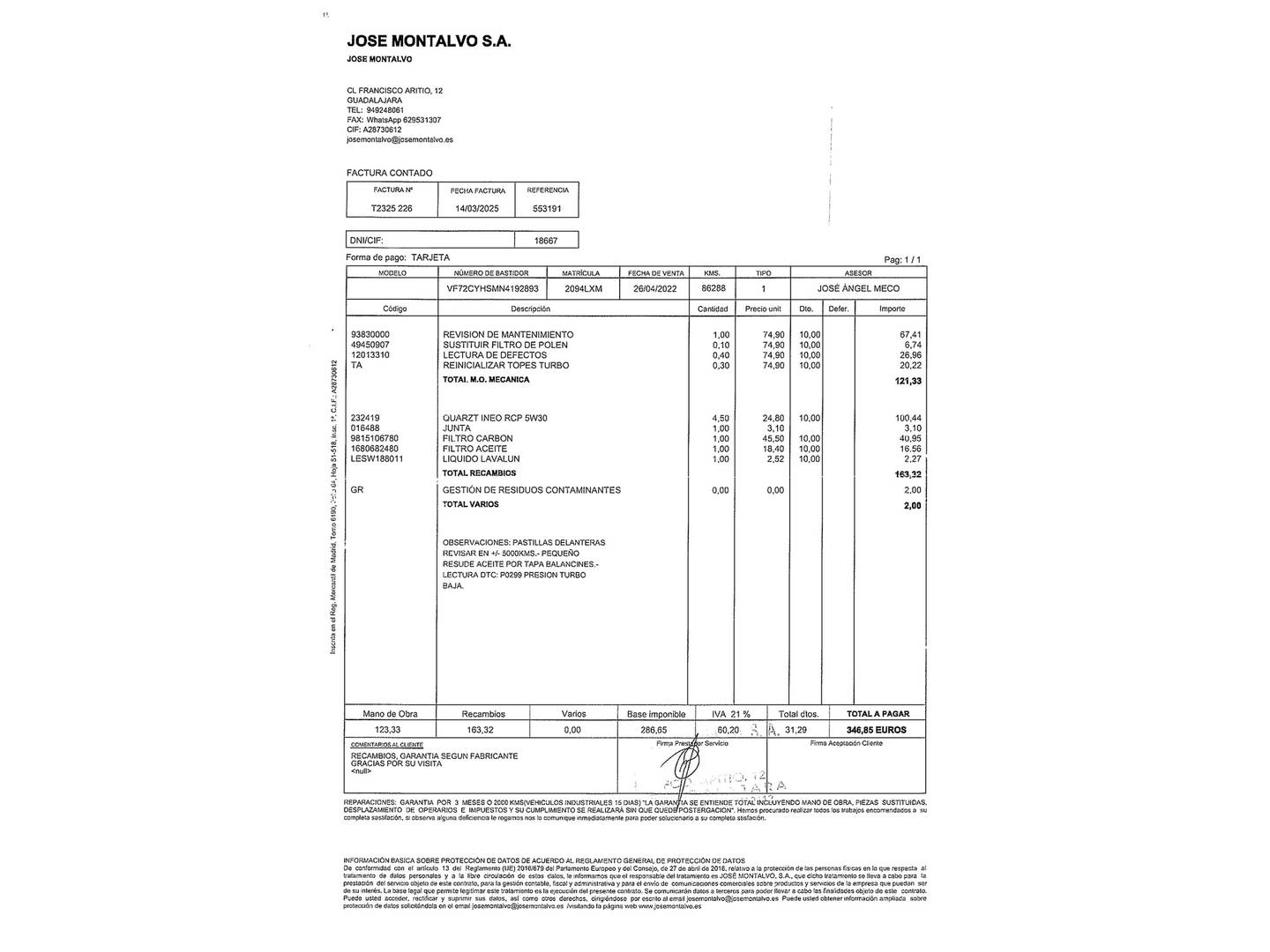 Foto del mantenimiento del Citroën C3 Aircross Citroën C3 Aircross BlueHDi 110 S&S Feel Pack (110 CV)