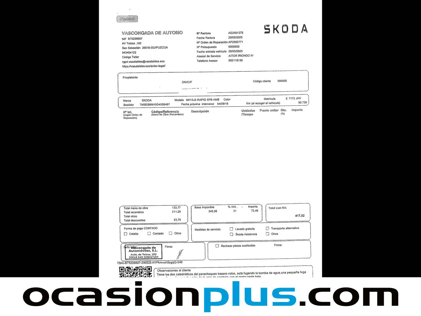 Foto del mantenimiento del Skoda Spaceback Skoda Spaceback 1.2 TSI Ambition (110 CV)