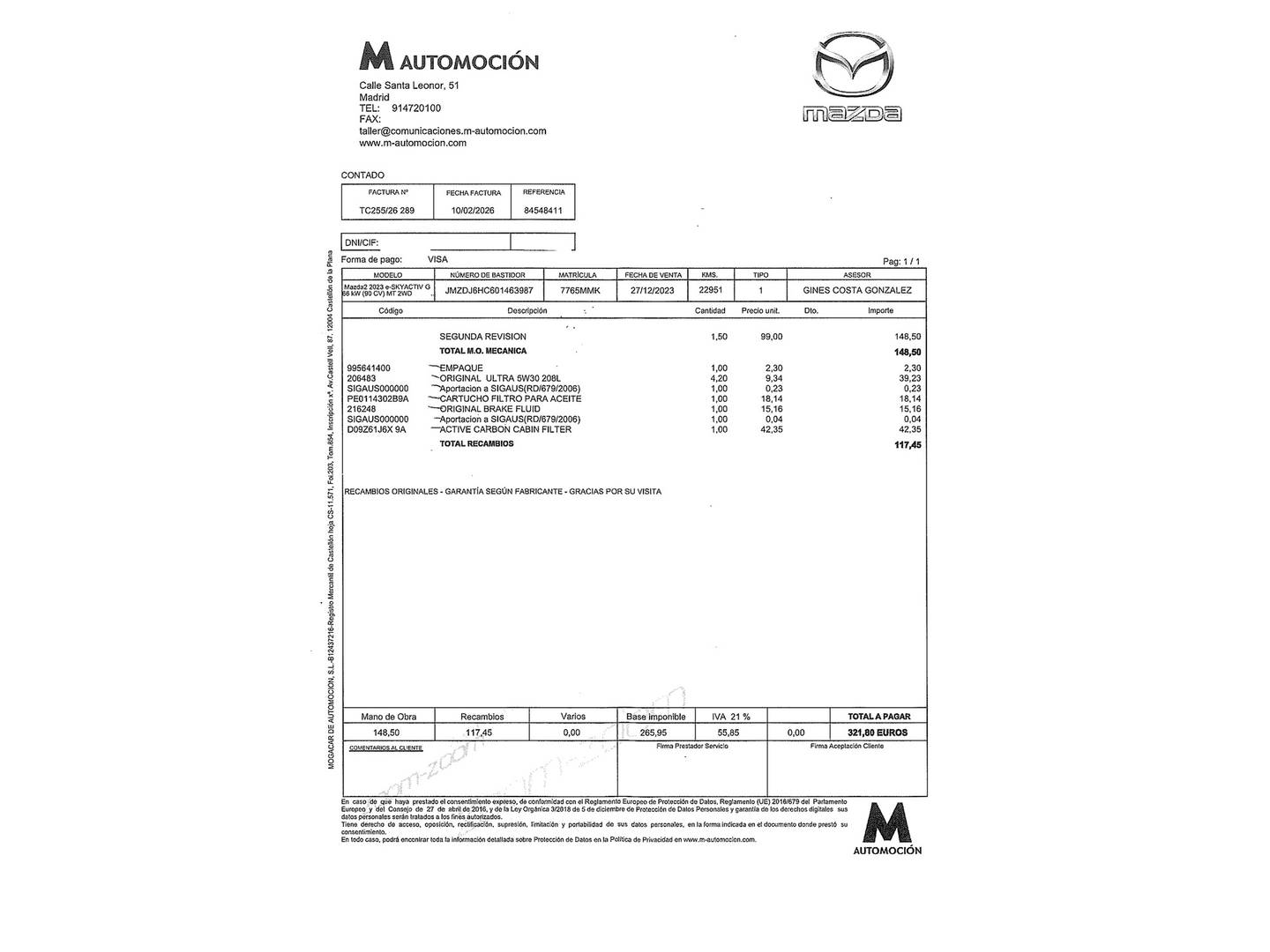 Foto del mantenimiento del Mazda Mazda2 Mazda Mazda 2 1.5 e-SKYACTIV G Center-Line Convenienc (90 CV)