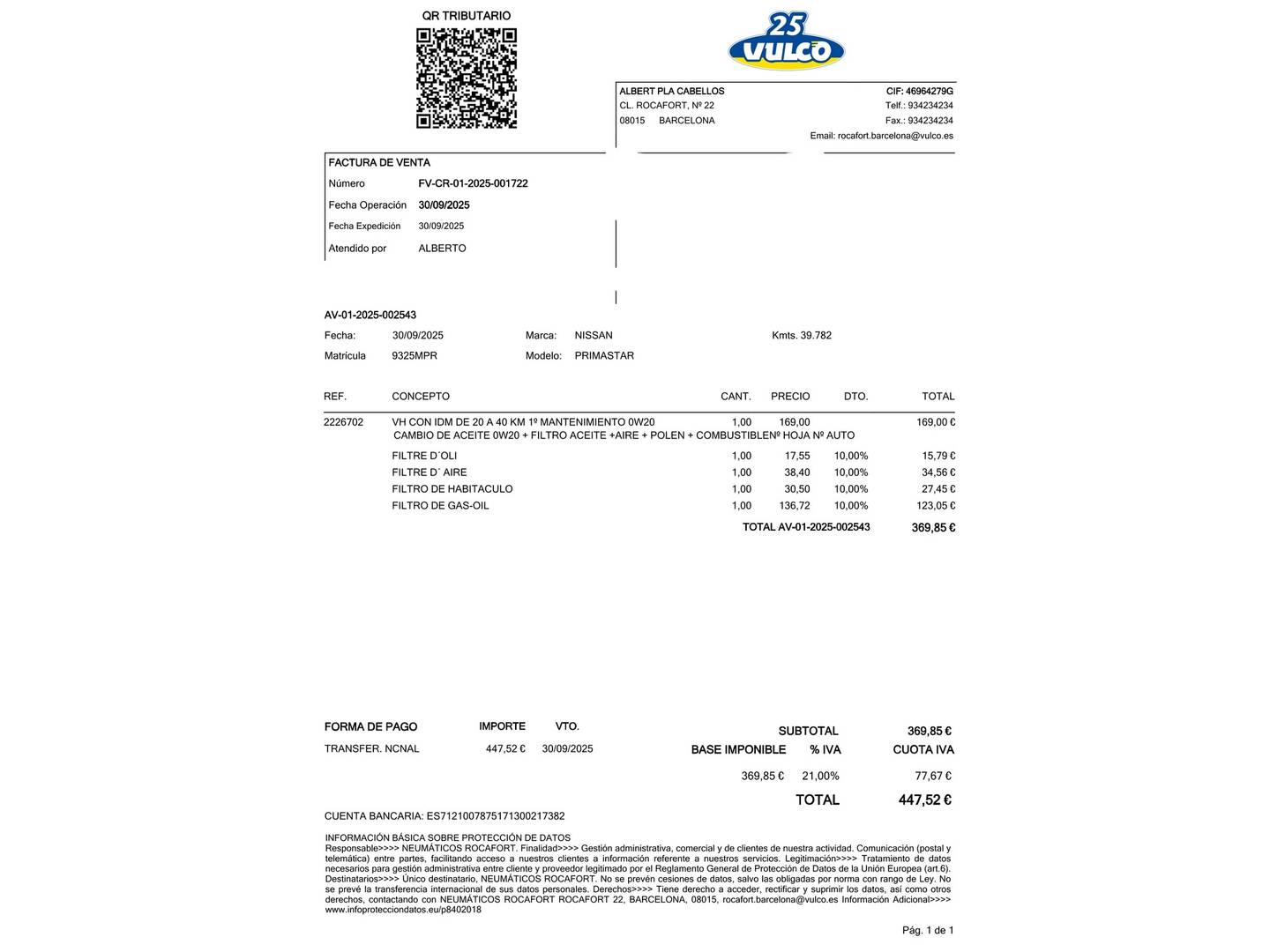 Foto del mantenimiento del Nissan Primastar Nissan Primastar 2.0 dCi Acenta L1H1 1T (150 CV)9 Plazas