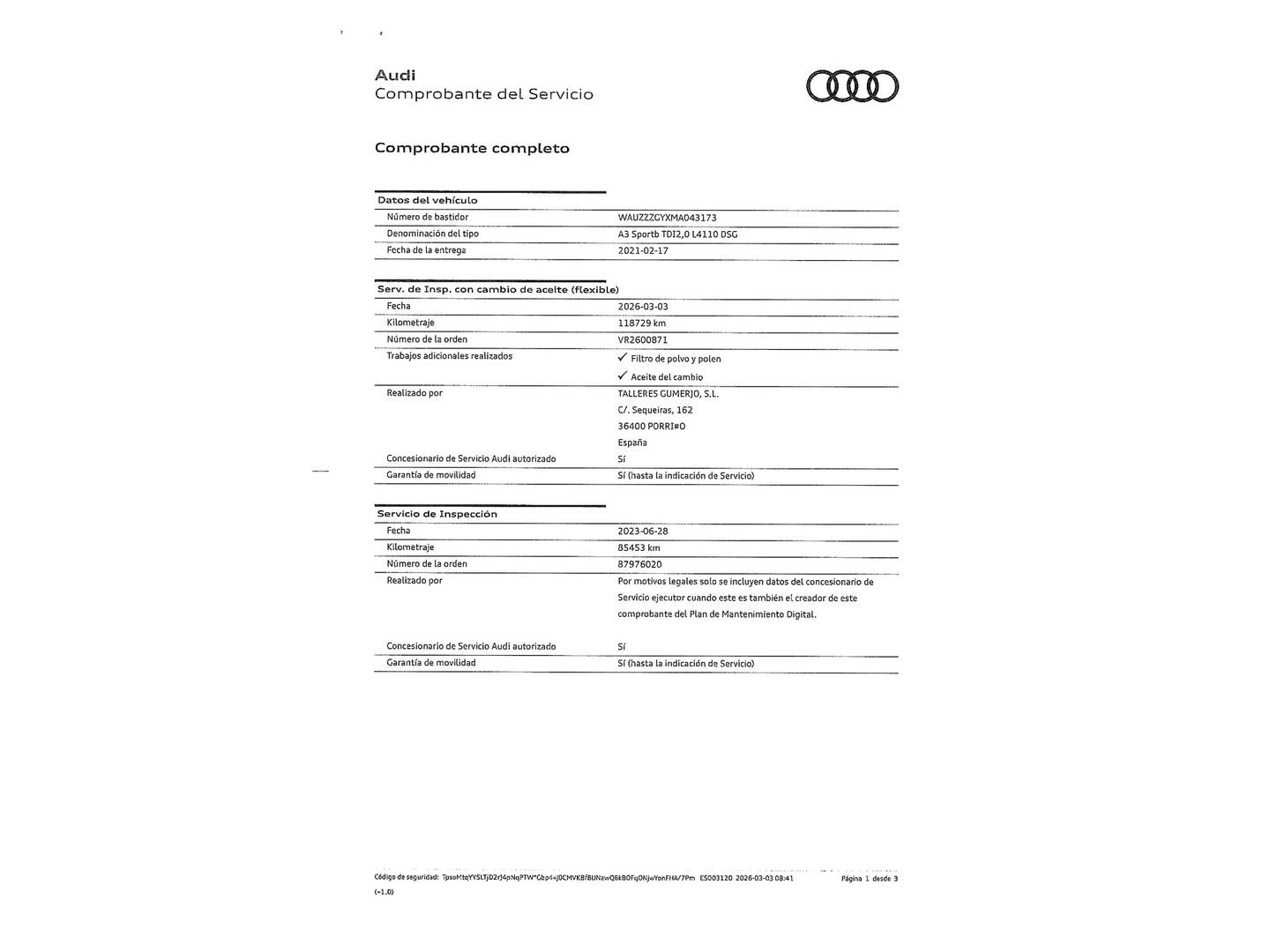 Foto del certificado del Audi A3 Audi A3 Sportback 35 TDI (150 CV) S tronic