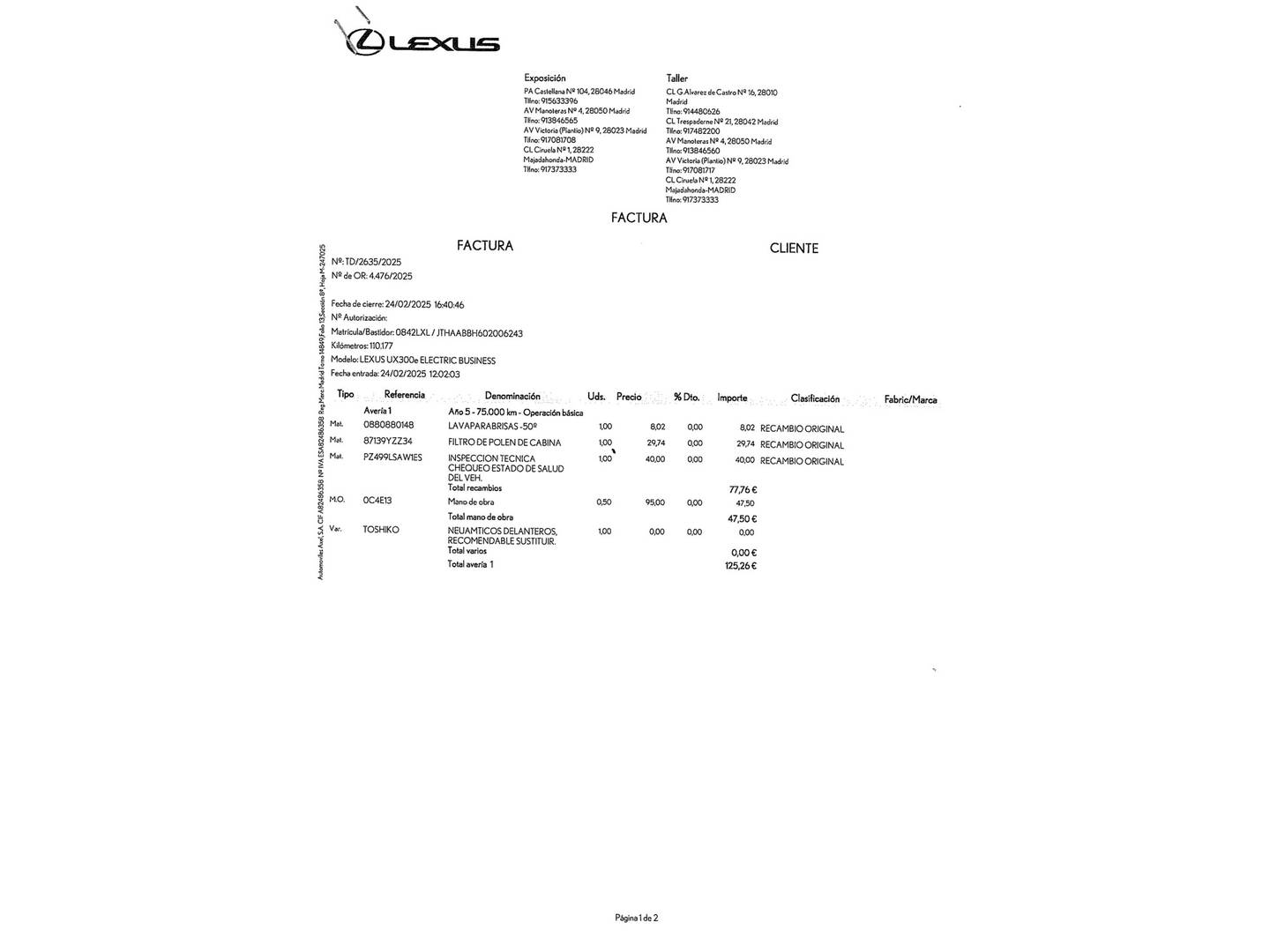 Foto del mantenimiento del Lexus UX Lexus UX 300e Business (204 CV)