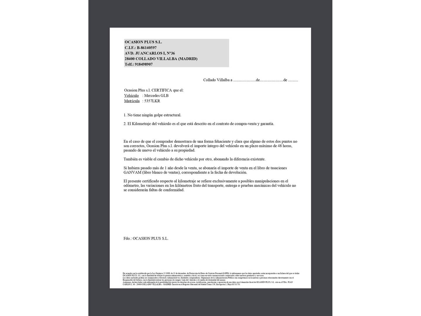 Foto del certificado del Mercedes GLB Mercedes-Benz GLB 220 D 4MATIC (190 CV)