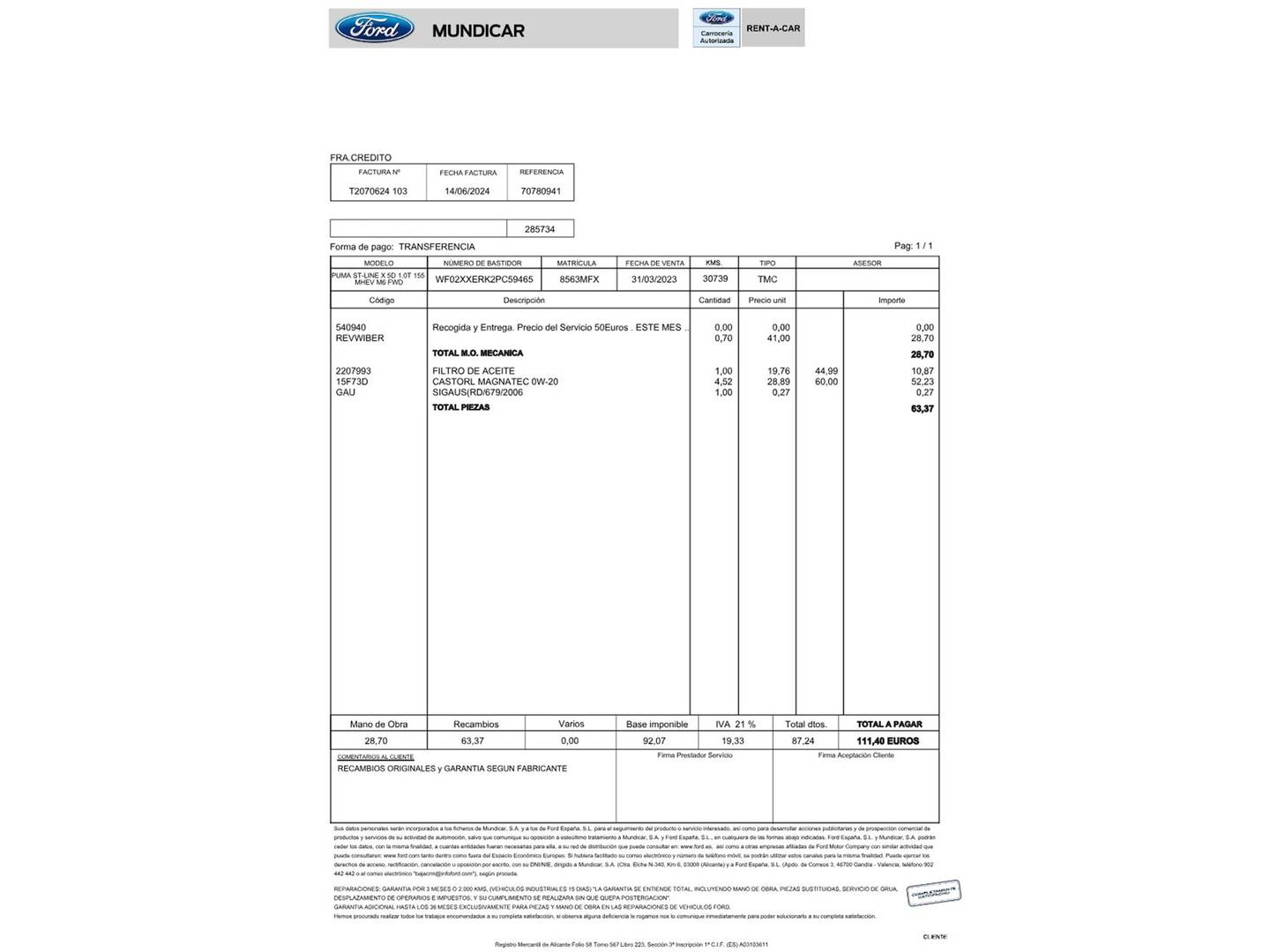 Foto del mantenimiento del Ford Puma Ford Puma 1.0 EcoBoost MHEV ST-Line X (155 CV)