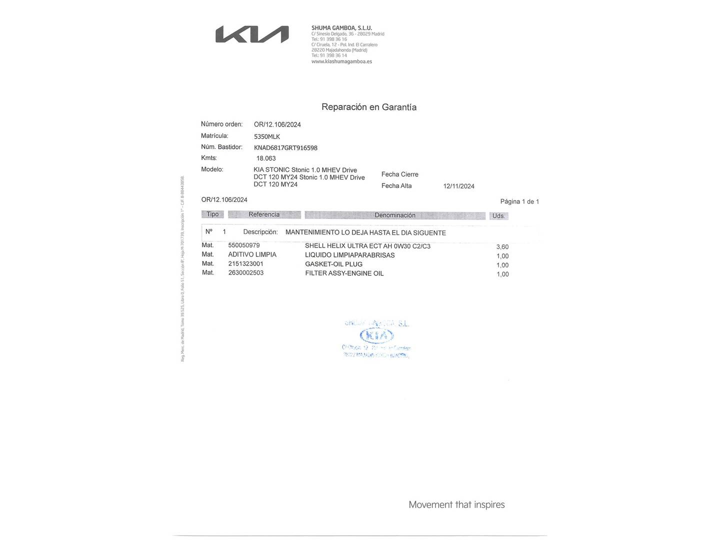 Foto del mantenimiento del KIA Stonic KIA Stonic 1.0 T-GDi MHEV Drive DCT (120 CV)