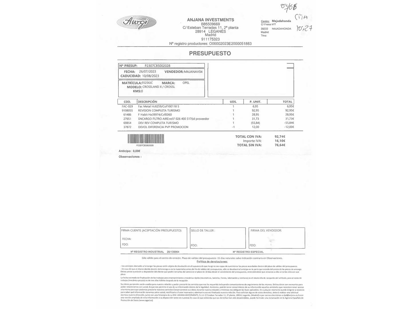 Foto del mantenimiento del Opel Mokka Opel Mokka 1.4 Turbo S&S Excellence 4x2 (140 CV)