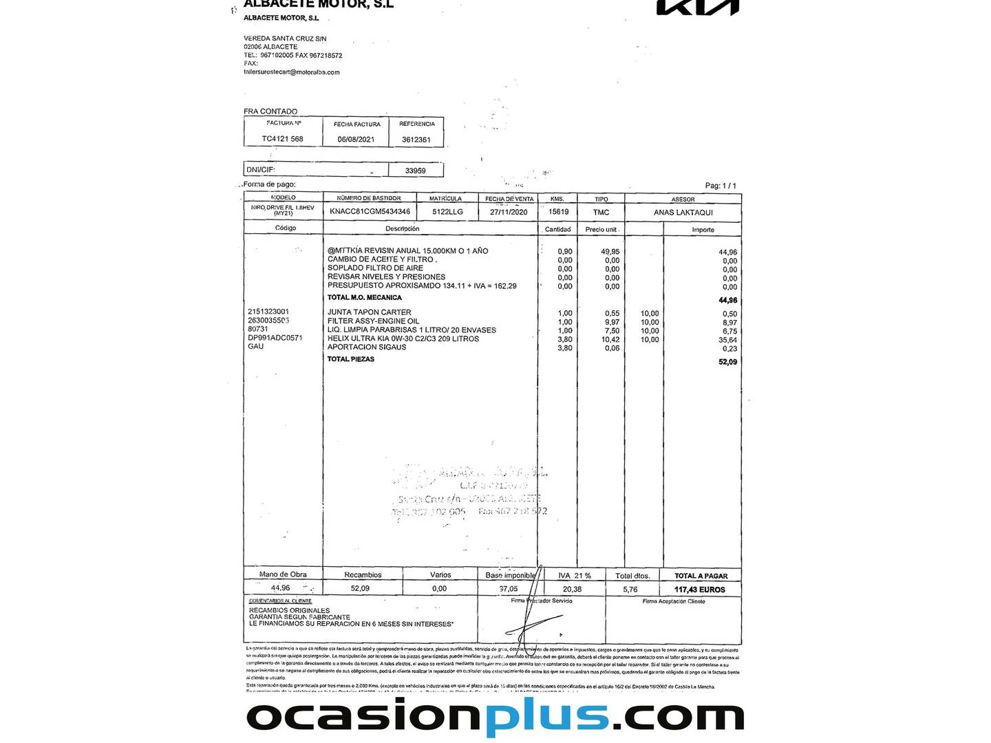 Foto del mantenimiento del KIA Niro KIA Niro 1.6 GDi HEV Híbrido Drive (141 CV)