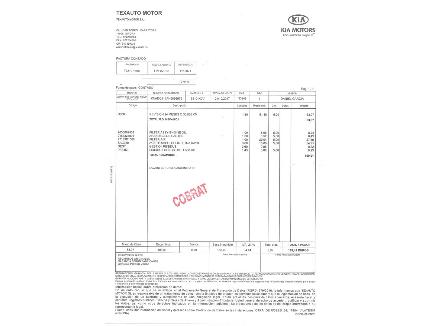 Foto del mantenimiento del KIA Rio KIA Rio 1.0 T-GDi Drive (100 CV)