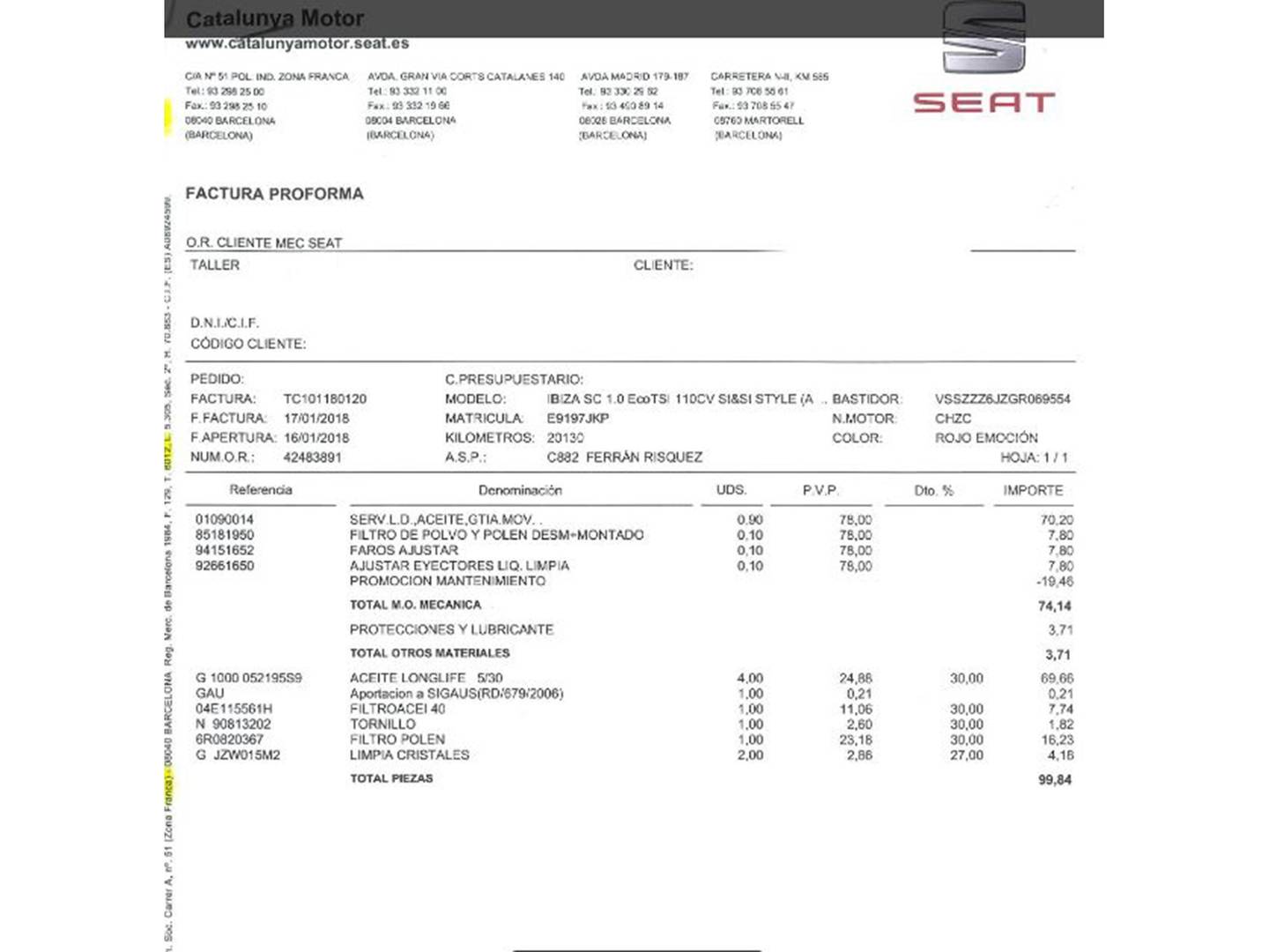 Foto del mantenimiento del Seat Ibiza Seat Ibiza SC 1.0 EcoTSI Style Connect Blue (110 CV)
