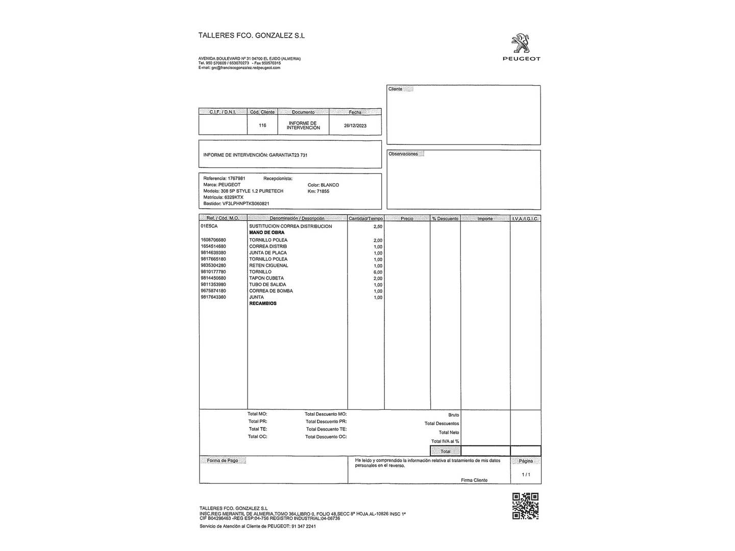 Foto del mantenimiento del Peugeot 308 Peugeot 308 PureTech 110 S&S Style (110 CV)