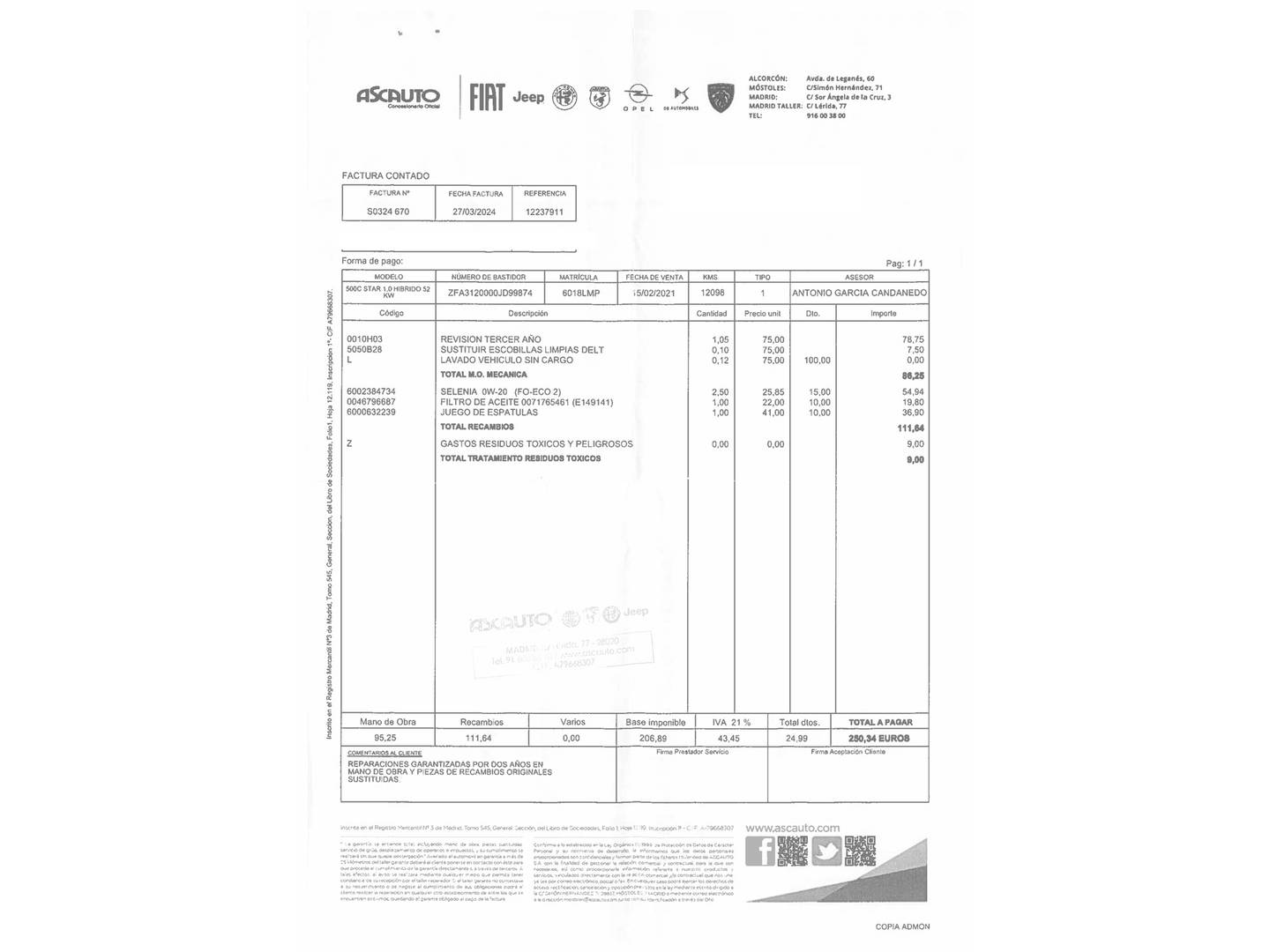 Foto del mantenimiento del Fiat 500C Fiat 500C 1.0 Hybrid Dolcevita (70 CV)