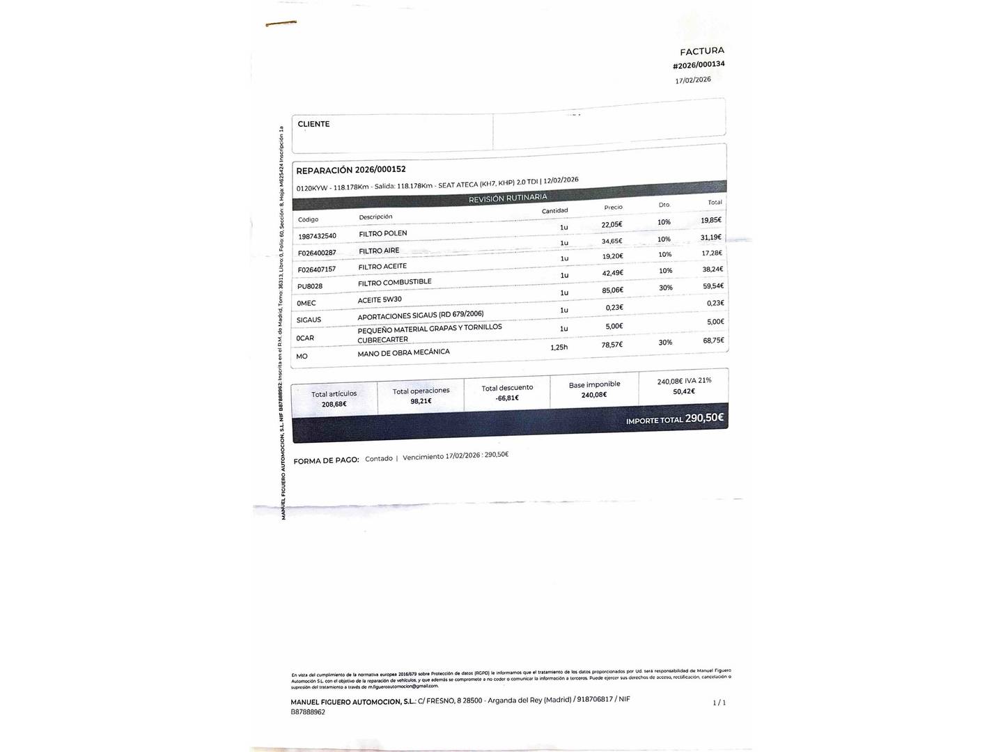 Foto del mantenimiento del Seat Ateca Seat Ateca 2.0 TDI S&S FR Edition DSG (150 CV)