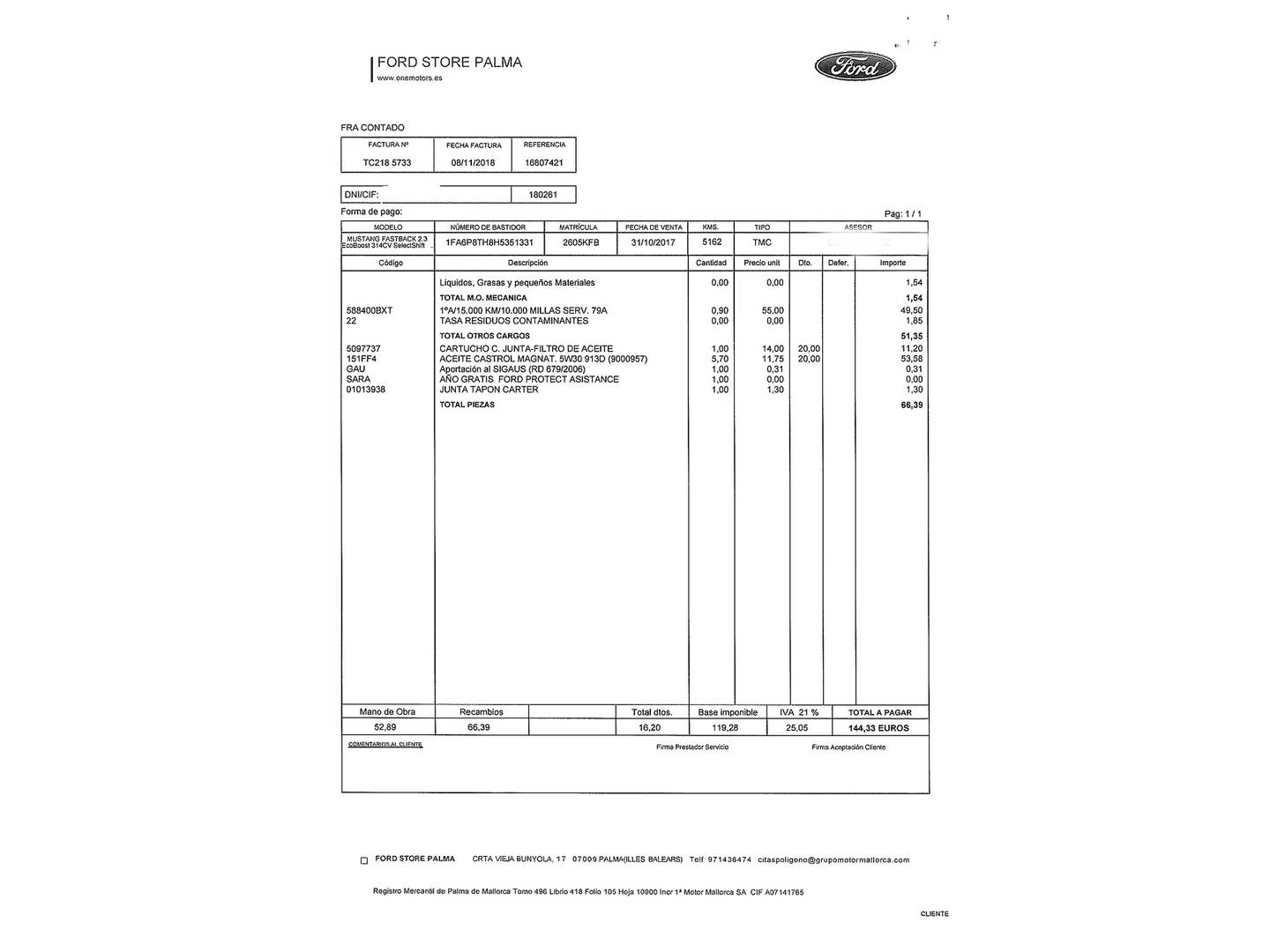 Foto del mantenimiento del Ford Mustang Ford Mustang 2.3 EcoBoost Mustang Auto Fastback (314 CV)